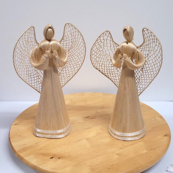 Corn Husk Straw Praying Angels Set 2 Figurines Religious Table Top Ornaments 10" - Picture 1 of 6